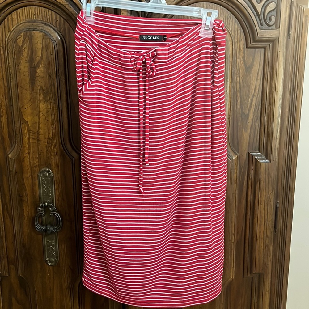 Red Striped Drawstring Midi Skirt